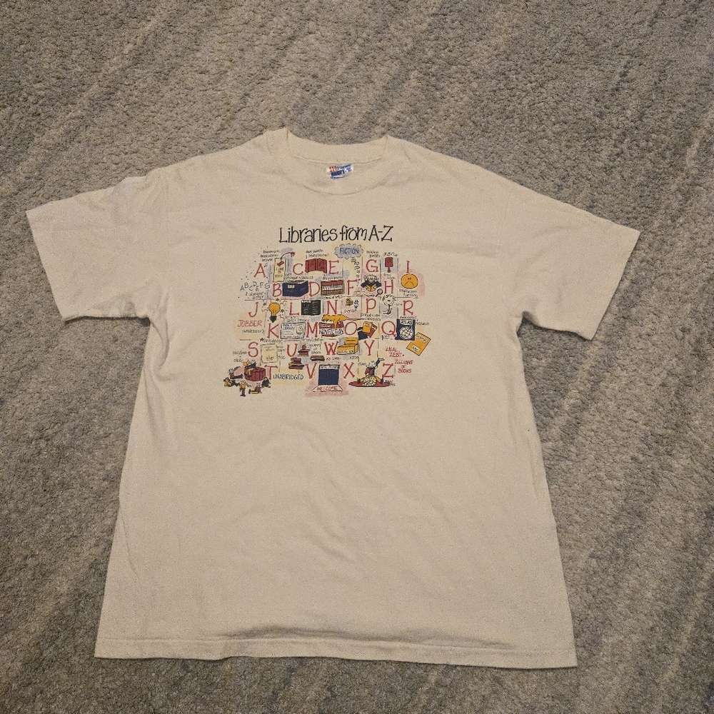 Vintage 90s Hanes Beefy-T Libraries From A-Z T-Shirt Made in USA White Large L S